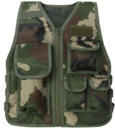Zaldita Kinder Camouflage Weste Ärmellos Verstellbare Multi-Taschen Militär Armee Kampf Jacke Trainingsjacke CS Spiel Kostüm Camping Armeegrün 8-14 Jahre