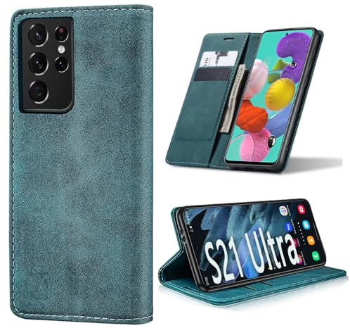 AFARER handyhülle Samsung Galaxy s21 Ultra 5g,Klappbar Ledertasche,Stoßfest Schutzhülle mit Kartenhalter,Ständer hülle für s21 Ultra 6,8- Blau