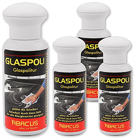 ABACUS Abrillantador de cristal, 4 x 100 ml (7736.4) – Elimina selladores de discos, resina de árbol, selladores con silicona, nano-revestimientos en cristales, espejos, mesas de cristal