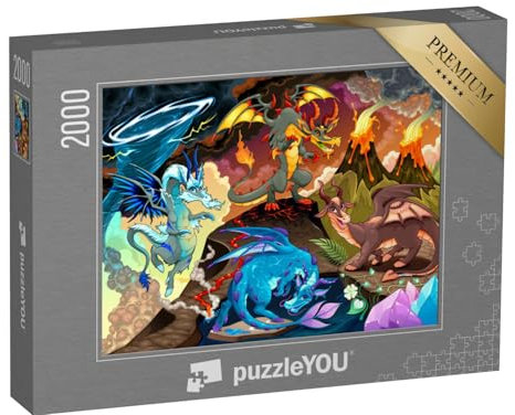 puzzleYOU: Puzzle 2000 Teile „Illustration: Die Vier Elemente als Drachen“ – aus der Puzzle-Kollektion Fantasy