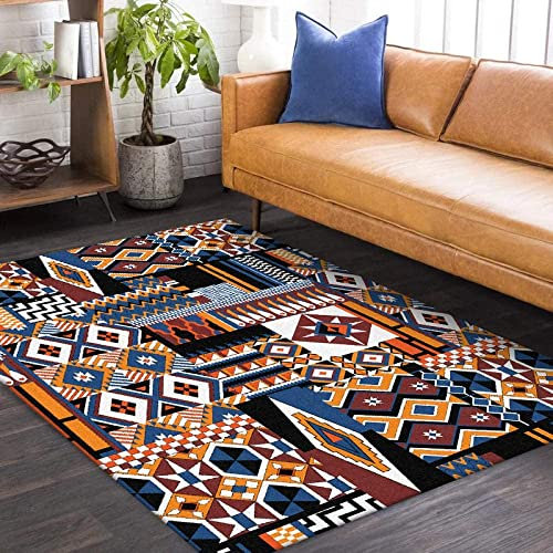 Designer Tapis Salon Antidérapant Poil Court Vinyl Carreaux Ciment Imprimé Vintage de Style Ethnique coloré Doux Lavable Durable Grande Tapis Déco (100×160CM)