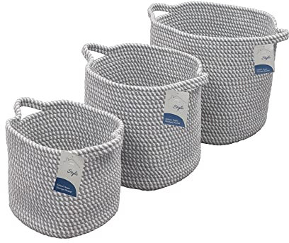 JVL Edison Cotton Rope Storage Baskets, Set of 3, Grey