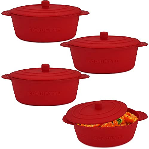 Backofen Dampfgarer / Auflaufform aus Silikon - 4er Set Rot - mit Deckel für die Zubereitung von Gemüse, Fisch, Fleisch oder Dessert - Spülmaschinengeeignet und Hitzefest von -40°C bis 200°C