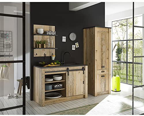 Lomadox Küchenmöbel Küchen Set, Old Style hell Nb. mit anthrazit, Wandregal 60cm, Stauraumschrank mit Softclose, Unterschrank 133cm mit Scheunentorbeschlag