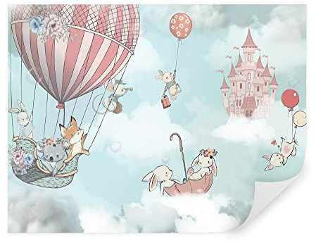 TAPEKO Papier Peint Chambre Enfant 260x180 cm 3D Effet Château dans les Nuages Animaux en Ballon pour Garçon Fille Papier Peint intissé plus u93905