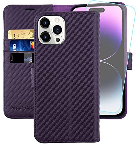 MONASAY Wallet Case for iPhone 14 Pro Max 5G, 6.7-inch, [Glass Screen Protector Included] [RFID Blocking] Flip Folio Leather Cell Phone Cover with Credit Card Holder, Bright-Purple