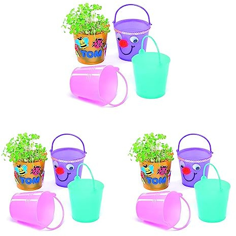 Baker Ross EF662 Mini Plastic Buckets, Ideal for Children to Paint Decorate & Grow Seeds in, Perfect for Indoor or Outdoor Use (Pack of 18)