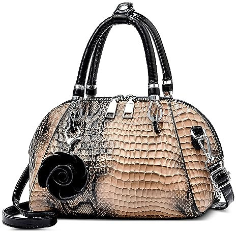 FORRICA Handtasche Damen Krokodilmuster Umhängetasche PU Leder Frauen Schultertaschen mit Blume Anhänger Elegant Henkeltaschen für Verabredungen Bankett Shopper Khaki