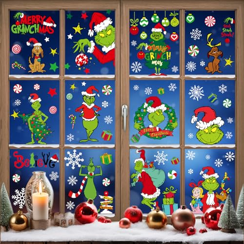 Weihnachts-Fensteraufkleber Grinchs Decor – 90 Stück wiederverwendbare statische Whoville-Fensteraufkleber Dekor – Merry Grinchmas PVC-Aufkleber für Weihnachtsdekorationen im Innenbereich Partyzubehör