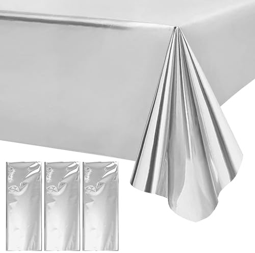 Festduk födelsedag 3 stycken – 137 x 274 cm folieduk, fläckskydd vattenavvisande, för fest dekoration födelsedag grillfest familjesammankomster camping (silver)