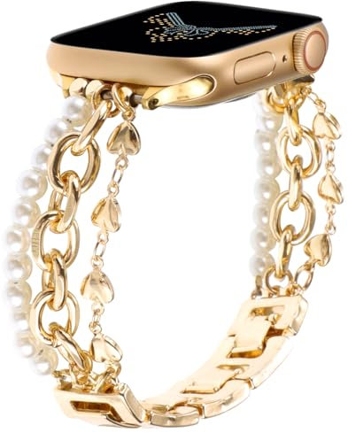 Perlenarmband, kompatibel mit Apple Watch, 38 mm, 40 mm, 41 mm, 42 mm, 44 mm, 45 mm, für Damen und Mädchen, modisches handgefertigtes Armband, elegantes Armband, niedliches Schmuckband für iWatch