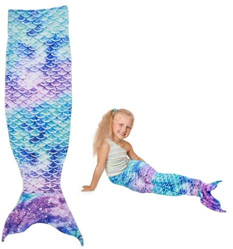 Meerjungfrau Decke Weicher Warmer Plüsch Fleece Schlafsack Meerjungfrau Flosse Decke 50 X 145 cm Glitzernden Fischschuppen Design All-Saison-Schlafdecke für Kinder Damen (Blau Lila)