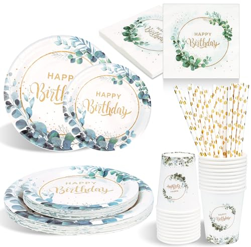 Happy Birthday Partygeschirr Set, Geburtstag Party Geschirr mit Papier Teller Tassen Servietten Strohhalme, Pappteller Kindergeburtstag Grün für 20 Gäste, Grün Partygeschirr Set für Mädchen Jungen
