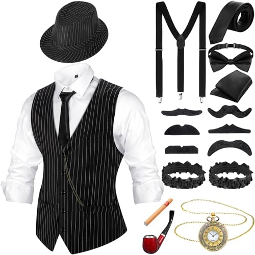 20er Jahre Herren Accessoires mit Weste Fedora Hut Taschenuhr Fliege Krawatte Hosenträger und Requisit (Schwarz Weiß Gestreift, M)