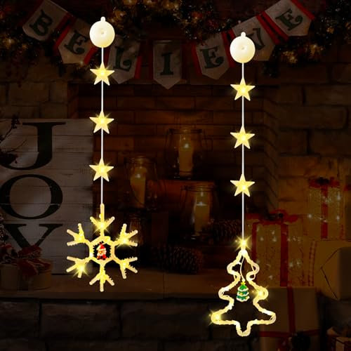 2 luci natalizie per finestre, luci a LED da appendere alla finestra, decorazioni natalizie con ventose, luci natalizie per interni ed esterni, luci per finestre di Natale a batteria