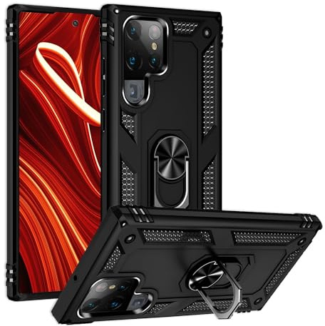 NALIA Panzerhülle für Samsung Galaxy S24 Ultra - Hülle, Schwarz | 2-lagiger Aufprallschutz, TPU-Kern mit PC-Außenschale, Integrierte Metallplatte, Griffig bei Nässe, RINGDEFEND