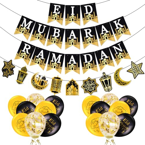 AhfuLife Aid Mubarak Decoration, Decoration Ramadan Mubarak Bannière Guirlande avec Eid Lanterne Lune Étoile Bannière et 16pcs Eid Ballons pour Decor Eid Moubarak Fête de Aïd al-Adha Ramadan 2025