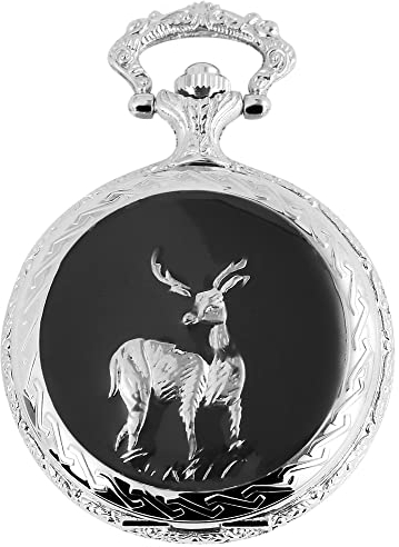 Excellanc Fame Motiv Taschenuhr REH Hirsch + Kette Clip Weiß Silber Schwarz Sprungdeckel Analog Quarz 9480822000079