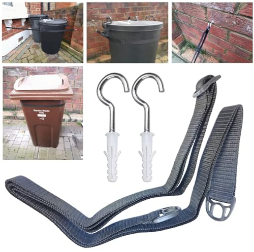 LTG PRO Out Door Bin Wheelie Wall Fence Holder Belt Strap No Rattling with Wall Hooks Garden Wind Storm Protector (Wall Strap)