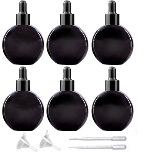 PYAWI 6Pcs,2 oz Black Glass Dropper Bottles for Essential Oils,60ml flat round perfume bottle with Eye Droppers,for Essential Oils,Perfumes, Serums,Leakproof for Travel (Black)