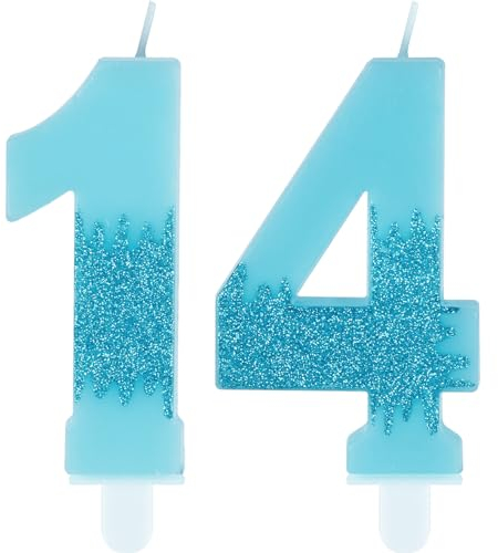 Blaue Geburtstagskerzen Zahlen 14 Kerzen für Kuchen, blaue Partykerzen, Happy 14th Birthday Kerze, Glitzerkerzen, Tortenaufsatz für Mädchen und Frauen, 14. Geburtstag, Party-Dekorationen, Hochzeitstag