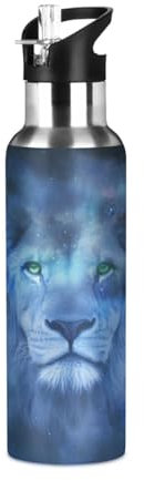 Niigeu Espace Zodiaque Lion Lion Animal Bouteille d'eau Isotherme avec Paille en Acier Inoxydable Gourde, Sans BPA Gourdes Eau pour Enfant Sport Randonnée École Bureau (600ml/1L)