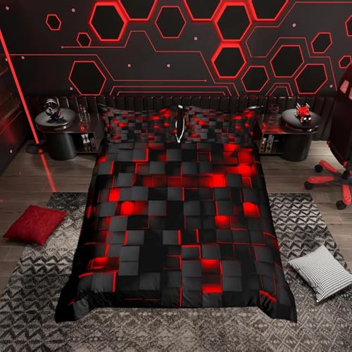 Loussiesd Rot und Schwarz Geometrisch Bettwäsche Set 135x200cm für Kinder Jungen Mädchen Geometrie Dekor Bettbezug Set Modern 3D Quadrat Bettwäsche Teenager Erwachsene, Weiches Mikrofiber