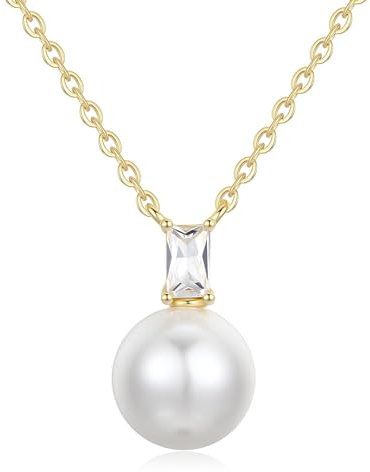 GAVU Collier Argent 925 Femme, Collier Plaqué Or, Collier Zircone Cubique, Pendentif Perle d'Imitation pour Femmes