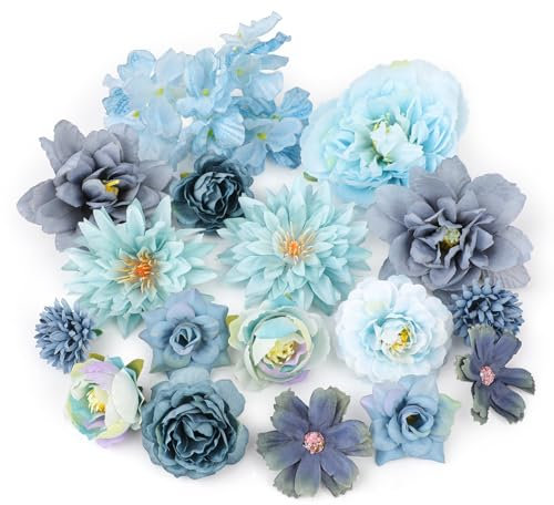 MWOOT 17 Pezzi Teste di Fiori Artificiali, Fiori Finti per Decorazioni, Capolini Finti Misti, Rose Peonia Ninfea Finte per Fai da te Corona Torta Bouquet Da Sposa Matrimonio Festa Casa Giardino(Blu)