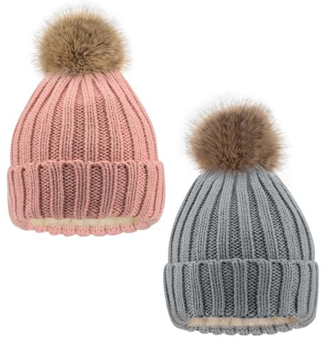 Beanie-Mützen für Damen, weiche Wintermützen für Damen, abnehmbare Bommelmütze, Bommelmütze mit Teddy-Fleece gefüttert, Geschenk für Weihnachten, Outdoor-Sport, Radfahren, Skimütze, Mädchen (Rosa +
