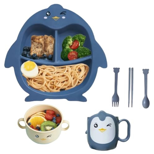 Essenset Blauer Pinguin - Pinguin Baby Geschirr Set für Kleinkinder - Teller, Schüssel, Becher & Besteck