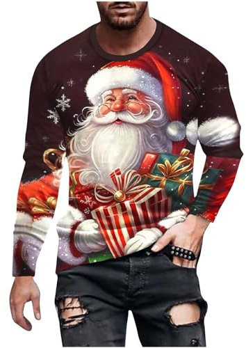 Christmas T Shirts Men UK Sale, Santa Claus Tshirt Christmas Tree Tops Casual Long Sleeve Xmas Pullover Crewneck Shirt Funny Ugly Sweatshirt Loose Fit Top Soft Comfortable Tees Plus Size M-4XL
