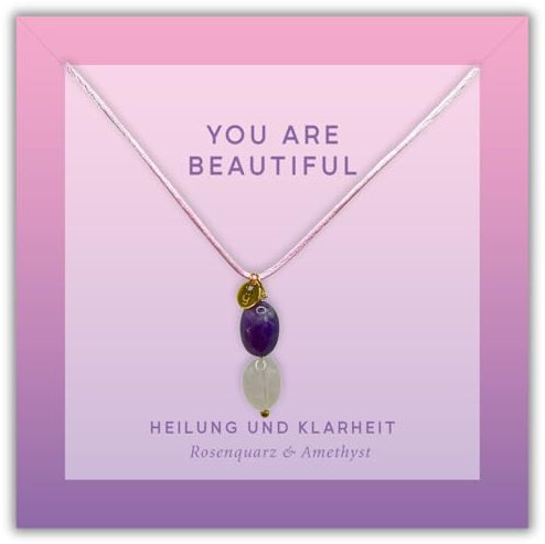 neu: happymaker - Heilstein Kette Damen, Edelstein Halskette mit Rosenquarz und Amethyst Anhänger, Stoffband mit 18k vergoldeten Perlen, größenverstellbar, handmade in Deutschland