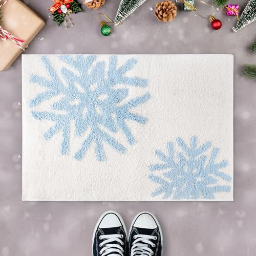 Gosknor Weihnachts-Badematte, Badezimmerteppich Beflockte Teppiche Waschbare Küchenteppiche Weihnachtliches Thema Süßes Badezimmer-Accessoire für Wohnzimmer Küche Badezimmer (Schneeflocke)