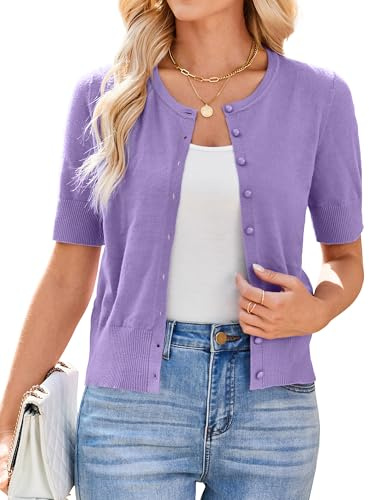 Newshows Short Sleeve Cardigan for Women UK Summer Cropped Cardigan Knitted Buttons Down Bolero Shrug Purple,M