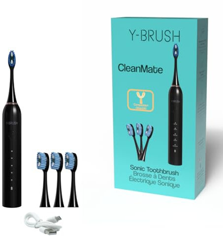 Y-Brush CleanMate - Brosse à Dents Électrique Sonique - Rechargeable USB-C - 2 Mois d'Autonomie - 5 modes de brossage - 4 têtes de brosse - Minuteur intégré