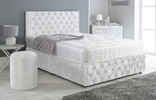Adore Living Chesterfield Crushed Velvet Divan Bed Set - Headboard, Footboard & Mattress - Storage Bed (White, 3ft Single - 2 Drawers Same Side - Left Side)