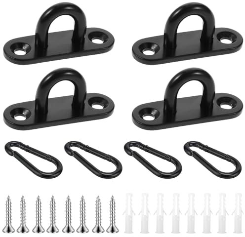 Raheem 4Pcs M6 Oblong Pad Eye Plates with 4 Pcs Carabiner Clips, Stainless Steel Ceiling Hooks and Loop Suspension Kit, Marine Hardware Anchor Plates with U Hooks, Screws, and Plastic Wall Plugs