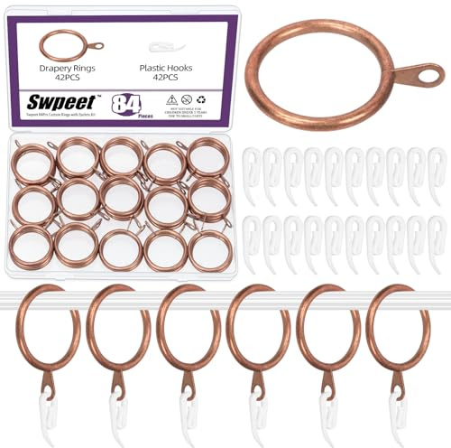 Swpeet 30×3.5MM 84Pcs 30mm Rot Kupfer Metall Vorhang Vorhang Ring mit Kunststoff Vorhang Haken Sortiment Kit, Vorhang Schiebe Ögel Ring, Clip Ringe für Vorhang und Stange, Vorhang Hängering