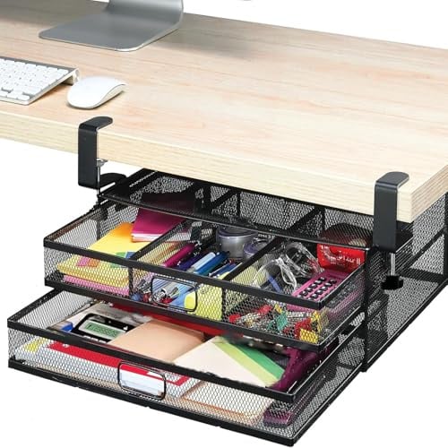 Schublade, Unterbau Schreibtisch zum Anklemmen 2-Lagige Gleitschienen Schreibtisch Organizer Versteckte Schublade Unter Schreibtisch für Büro, Zuhause, Schule