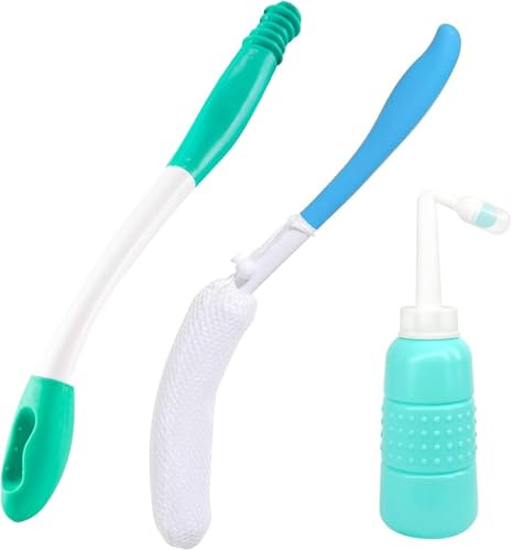 Toilet Aids Set for Wiping, 3-Piece Long Handle Butt Wiper for Elderly & Disabled Care, Hygiene Wiping Tools with Bidet Brush & Travel Accessories, Safe Bottom Cleaner for Pregnant Users