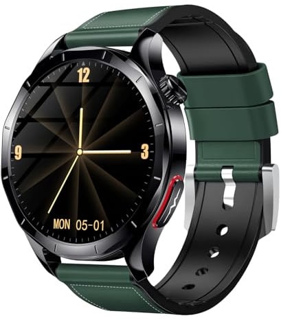 Lgnitek 2025 Neu Smartwatch Herren mit EKG/HRV/ΒΙυτｚυcker/BMI/Harnsäure, 1,43 AMOLED Gesundheitsuhr mit 24H ΒΙυtdrυck SpO2 Apnoe Schlafmonitor SOS-Notruf Fitnessuhr Android/iOS, Grün Lederarmband