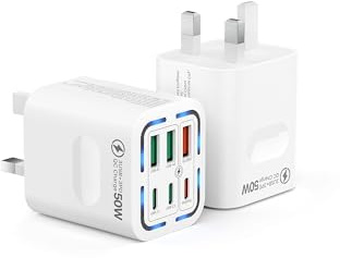 2 Pack USB C Plug UK 50W, Tupneuf 6 Port USB Charger with 30W PD/PPS & 20W QC, Multiport Fast Charger for iPhone 17 16 15 Pro Max, iPad Pro Air, Samsung Galaxy S25 S24 S23, White Set