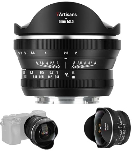 7artisans Obiettivo fisheye APS-C da 6 mm, F2.0, obiettivo grandangolare a 220° diagonale per azione, sport, vlogging, architettura, fotografia creativa di interni (Sony E)