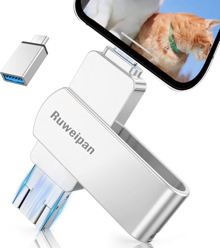 USB Stick für i Phone 256GB [Ohne APP] 4 in 1 Speicherstick USB3.0 Photostick USB Stick Handy Photostick mit Plug-and-Play Backup für Fotos & Videos,Flash-Laufwerk ür iPhone/iPad/Android/PC,Silber