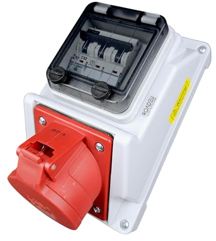 RoadEu Wandverteiler IP44 mit LS-Schalter | CEE 32A 5-polig 400V Steckdose | Sicherungskasten mit Klarsichtdeckel | vorverdrahtet 6mm² | für Werkstatt, Industrie & Baustelle