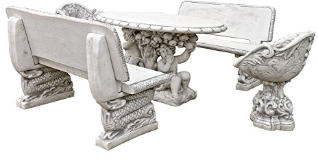 Antikes Wohndesign Garten Sitzgruppen-Set 2 x Bank 2 x Sessel 1 x Tisch Steinmöbel Steintisch Steinbank Gartenbank Steinbank Steinsessel Steintisch