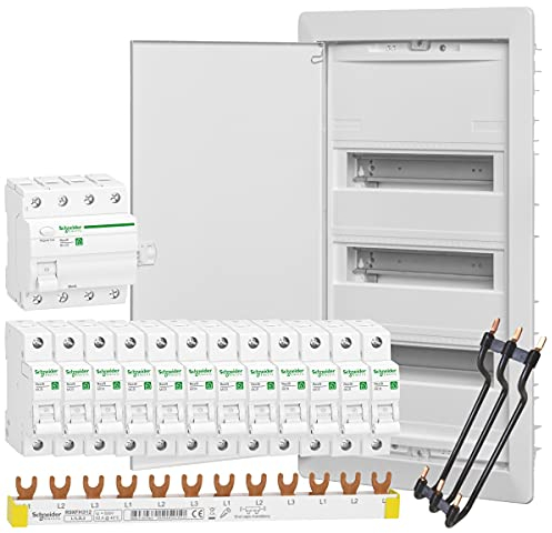 WITTKOWARE UVS-3 Unterputz-Verteilungsset, Kleinverteiler 3-reihig, FI-Schalter 40A/0,03A, 12x LS-Schalter B16A, Phasenschiene, Verdrahtungssatz