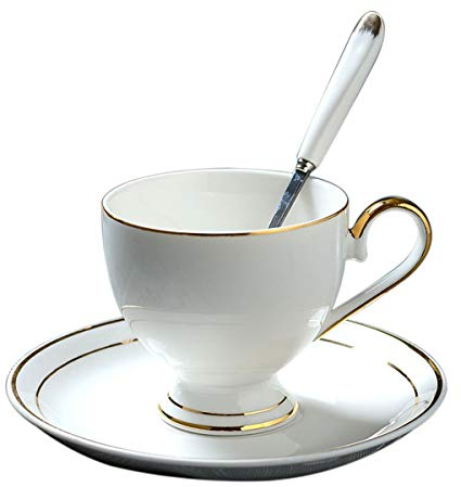 YBK Tech Ensemble tasse et soucoupe de style européen en porcelaine anglaise - Tasse à thé et à café - Pour le petit-déjeuner - Blanc pur avec bord doré