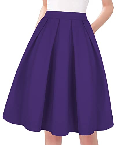 Tandisk Damen Vintage A-Linie Printed Plissee Flared Midi Röcke mit Taschen (lila, XL)